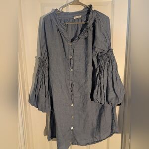 Italian-Made Blue Linen Button-Front Peasant Dress